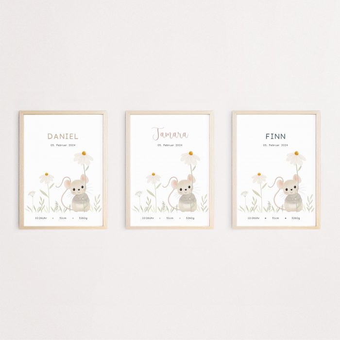 Personalisiertes Geburtsposter | Wiesentiere | Maus – Bild 2