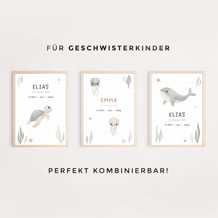 Personalisiertes Geburtsposter | Meerestiere | Schildkröte – Bild 3